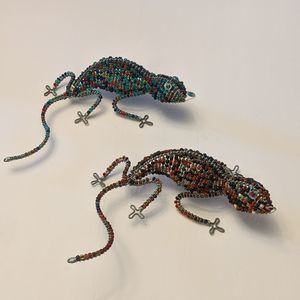 Set of  2 Handmade Beaded Iguanas